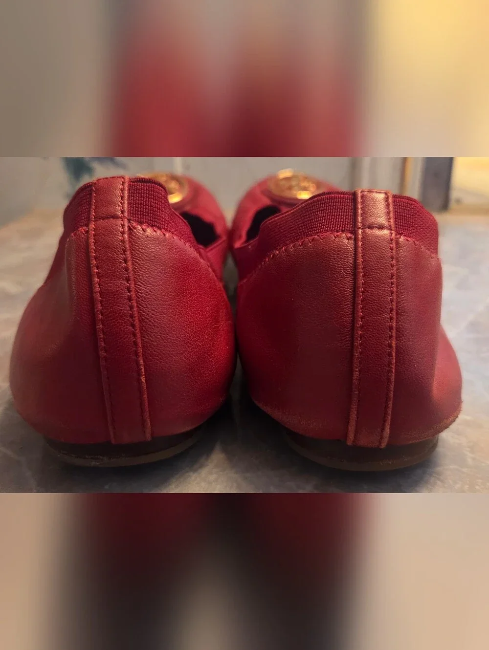 Tory Burch Red Leather Ballet Flats with Gold Logo